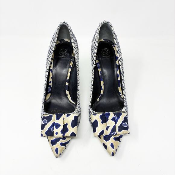 Tory Burch Cleo Tweed and Animal Print Bow Pump Heels 8 - Picture 4 of 7
